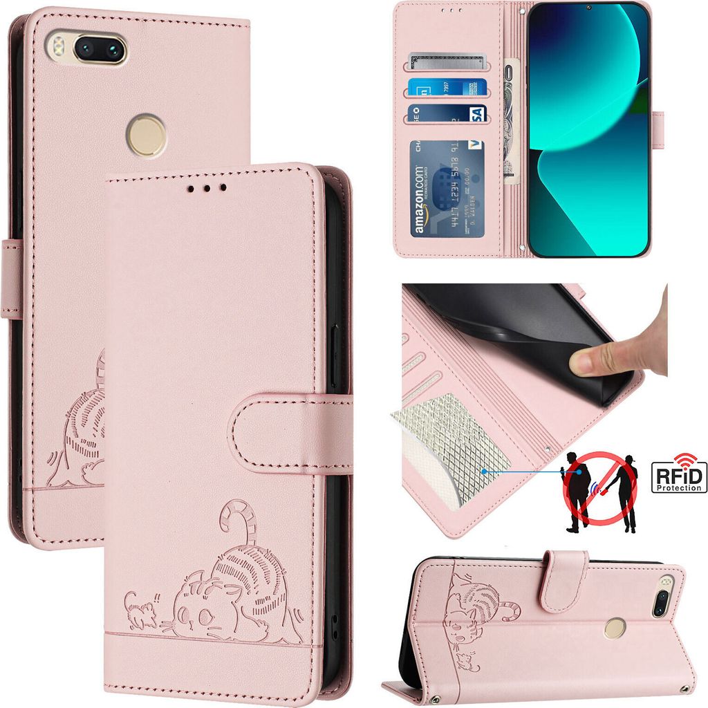 Leder Hülle für Xiaomi Mi A1 / Mi 5X Süße Katze Flip Case Brieftasche Schutzhülle mit Standfunktion Pink