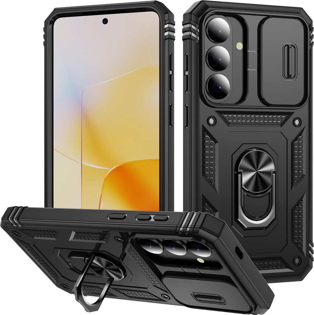 Hülle für Samsung Galaxy S26+, Schiebe Kamera Schutz Stoßfest Schutzhülle mit Ringhalterung Ständer Kartenhalter Schwarz