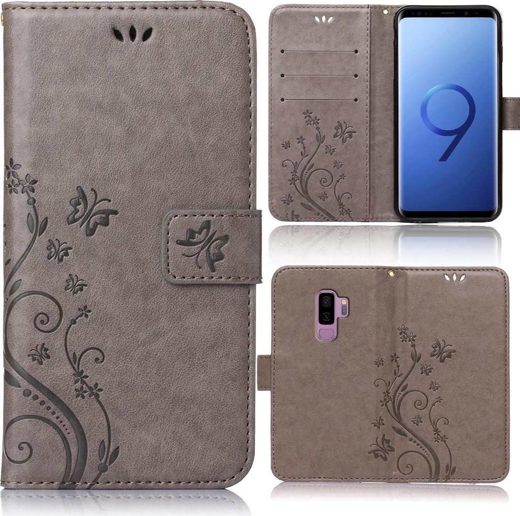 Collage of images showing a grey flip phone case with a floral pattern, a Samsung Galaxy S9 Plus phone, and the phone inside the case.