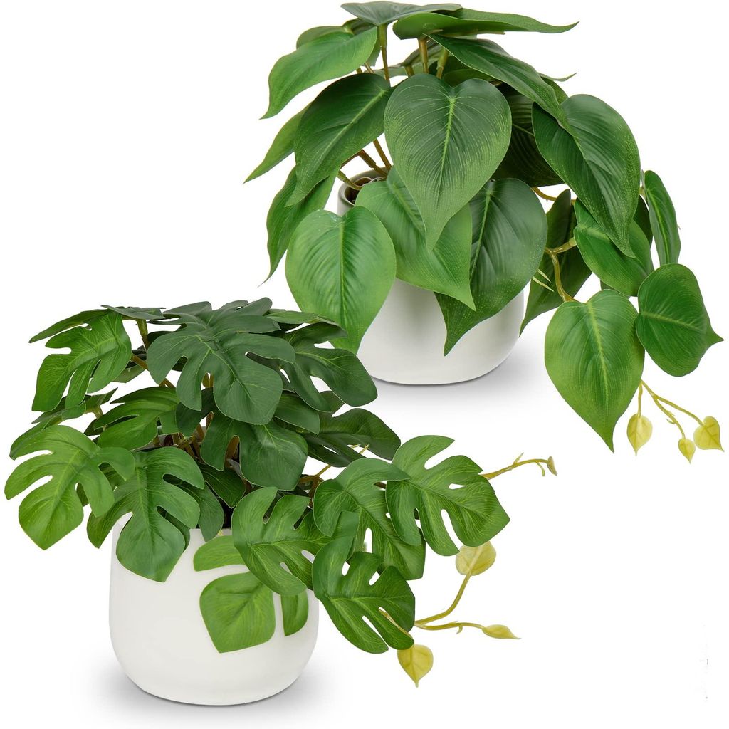 Set aus 2 künstlichen Hängepflanzen in Keramiktöpfen, Mini-Philodendron und Monstera, moderne Dekoration für Zuhause, Büro, Badezimmer, Küche...