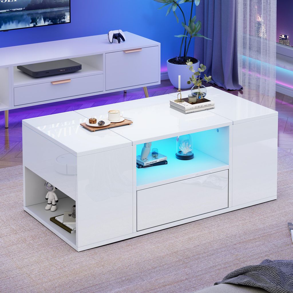 100 x 50 x 40 cm Couchtisch , Beistelltisch mit Schublade,mit Staufächern,mit Schränken,mit LED-Lichtleisten, ein hochglänzender Wohnzimmertisch...