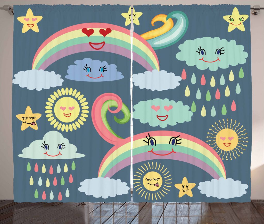 ABAKUHAUS Regen Rustikaler Gardine, Kindergarten Wetter Regenbogen, Schlafzimmer Kräuselband Vorhang mit Schlaufen und Haken, 280 x 225 cm, Mehrfa...