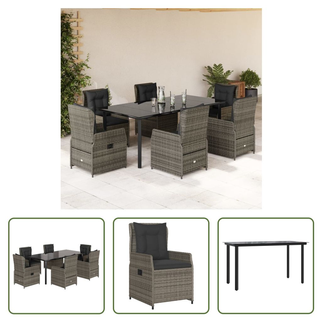 The Living Store 7-tlg. Garten-Essgruppe mit Kissen Grau Poly Rattan