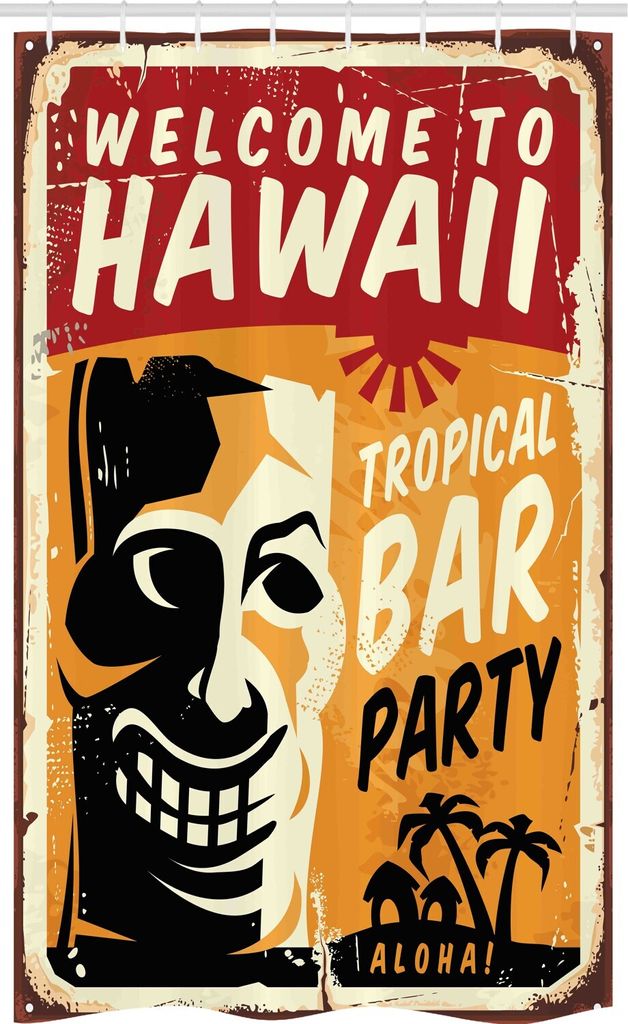 ABAKUHAUS Tiki Bar Schmaler Duschvorhang, Tropic Bar-Party, Badezimmer Deko Set aus Stoff mit Haken, 120 x 180 cm, Mehrfarbig