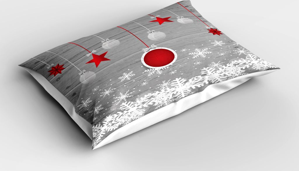 ABAKUHAUS Weihnachten Kopfkissenbezug, Traditionelles Feierthema mit hängenden Stern-Flitter-aufwändigen Schneeflocken, 40x80 cm, Weiß Grau Rot