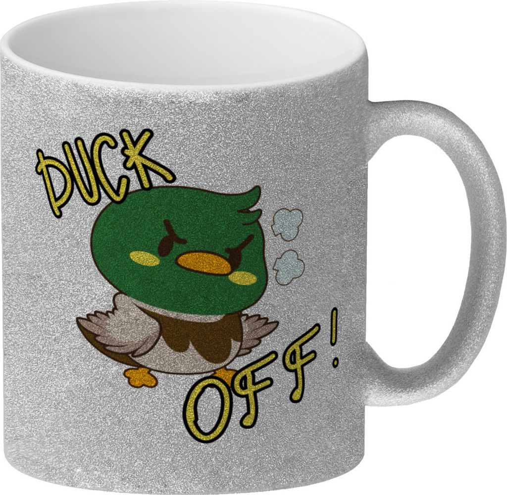 Enten Glitzer-Kaffeebecher mit Spruch DUCK OFF!