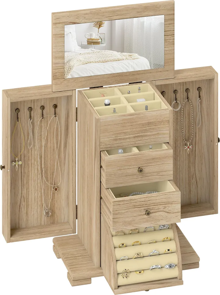 HOMCOM Boîte à bijoux en bois marron à 4 niveaux avec miroir et tiroirs