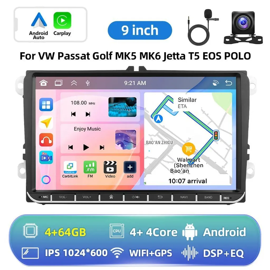 Autoradio Android 2-DIN VW Seat Skoda - Écran 9" 8-Cœurs 4Go 64Go GPS