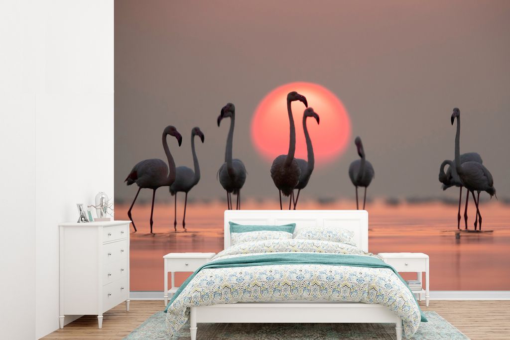 MuchoWow Fototapete für Wohnzimmer oder Schlafzimmer Wandtapete Vinyl Motivtapete Vogel - Flamingo - Sonnenuntergang - Rosa - 360x260 cm - Wohnz...