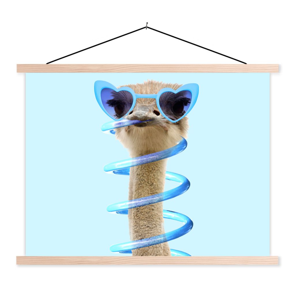 MuchoWow Textilposter Strauß - Sonnenbrille - Blau - Tiere 60x45 cm mit holzfarbenen Rahmen - Bild