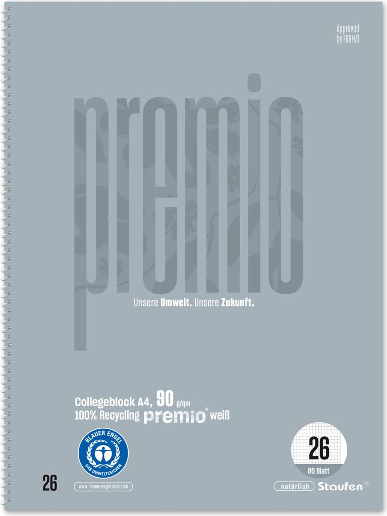 Staufen Premio Collegeblock DIN A4, 80 Blatt, 90g/qm, Lineatur 26, 5 mm kariert mit Rand, 4-Loch, grau
