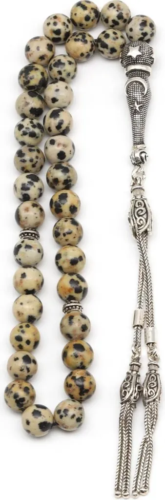 Chapelet 33 perles rondes jaspe dalmatien et finitions argent 925 pur
