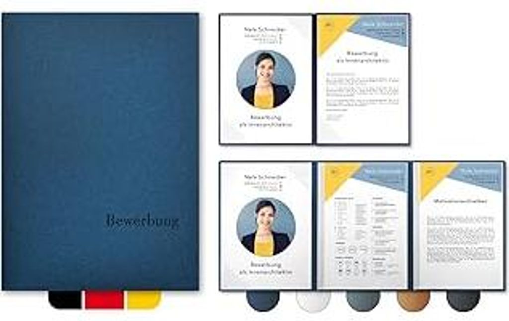 5 Stück 4-teilige Bewerbungsmappen EsclusivaExzellent-plus in Nachtblau mit 2 Klemmschienen // in 1A- mit hochwertiger Flach-Prägung BEWERBUNG //...