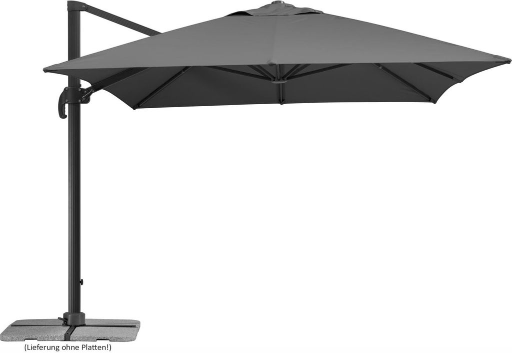 A large, grey cantilever umbrella is shown against a white background.