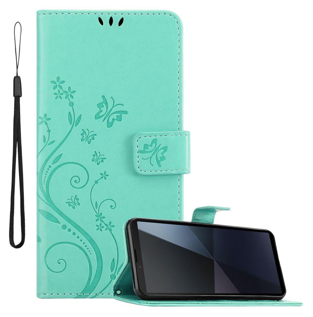 Cadorabo Hülle für Sony Xperia 10 VI Hülle in FLORAL TÜRKIS Schutzhülle im Blumen Design mit Magnetverschluss, Standfunktion und Kartenfächer...