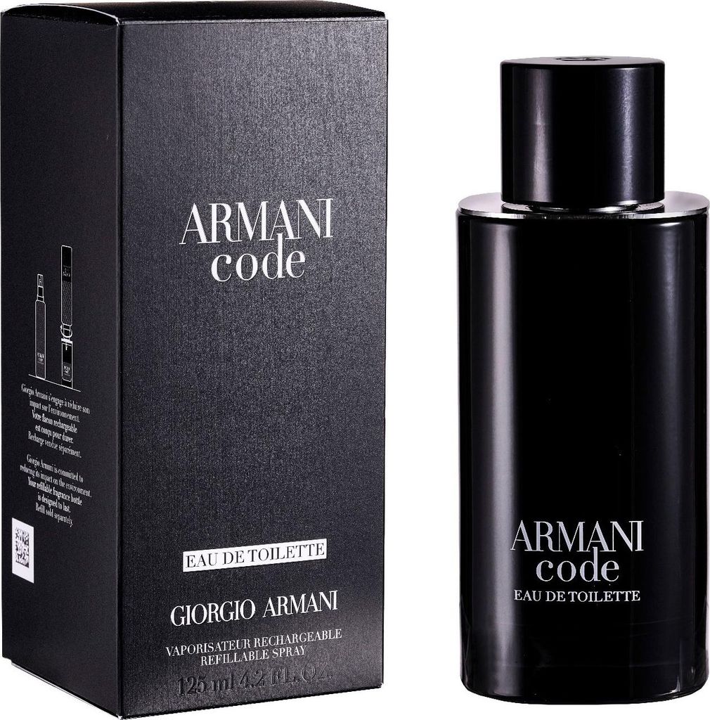 A black bottle of Giorgio Armani Code Eau de Toilette and its matching black box are displayed against a white background.
