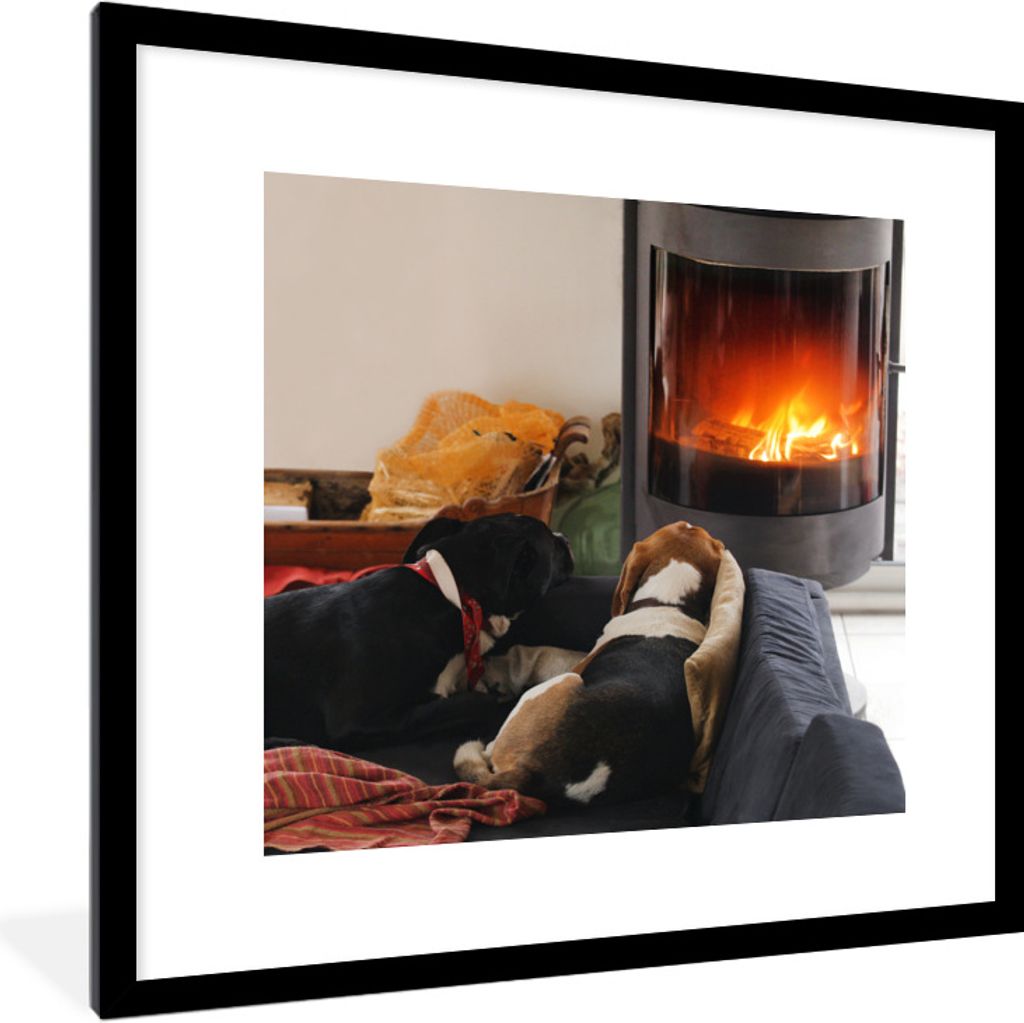 MuchoWow Gerahmtes Poster Hunde schauen auf einen Kamin 40x40 cm - Poster mit Schwarzem Bilderrahmen Wandposter Rahmen Foto Bilder - Poster - Pla...