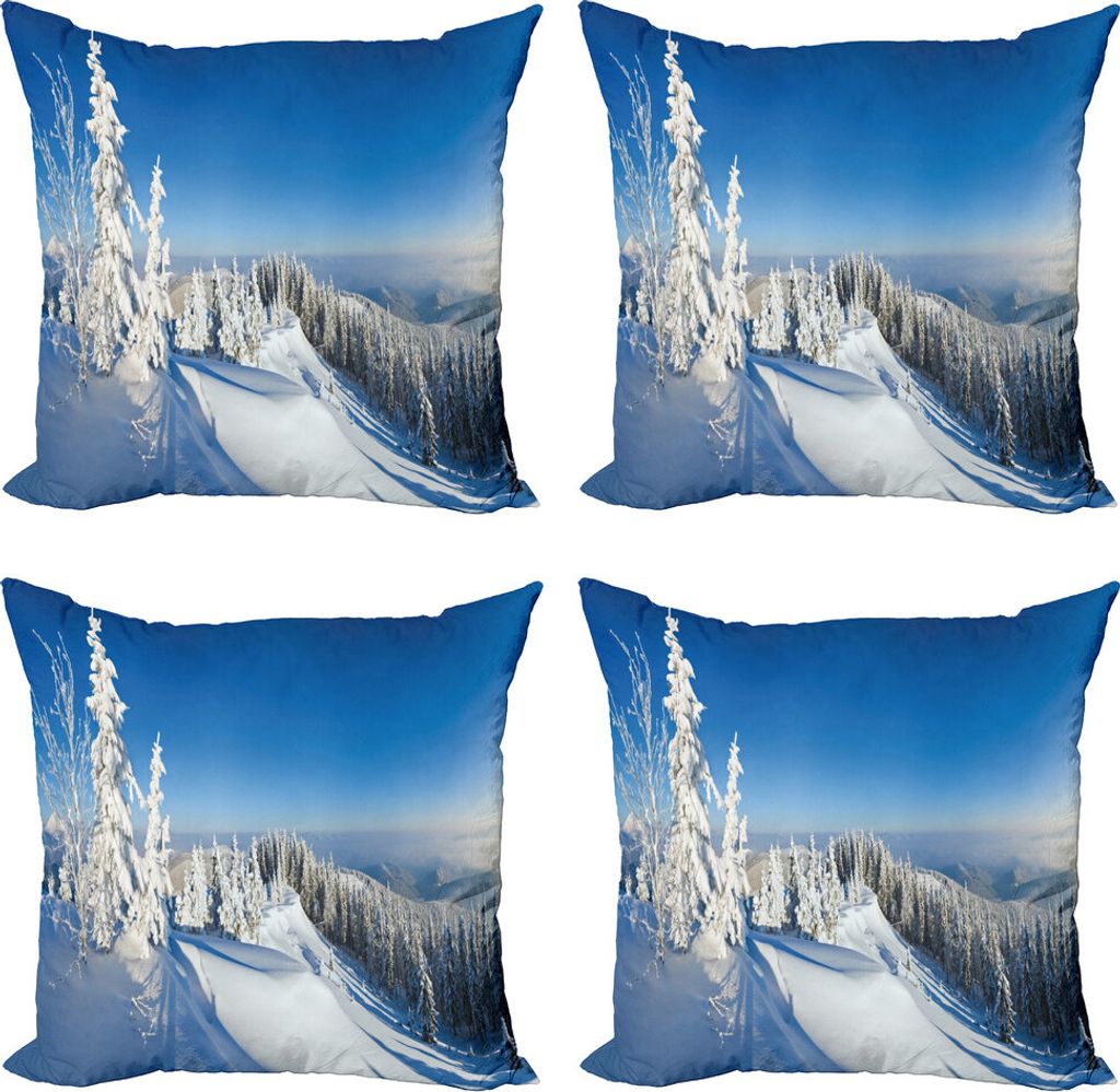 ABAKUHAUS Winter Kissenbezug Set (4 Stück), Ruhe Berglandschaft, Moderner Doppelseitiger Digitaldruck, 40 cm x 40 cm, Azure Blau Weiß