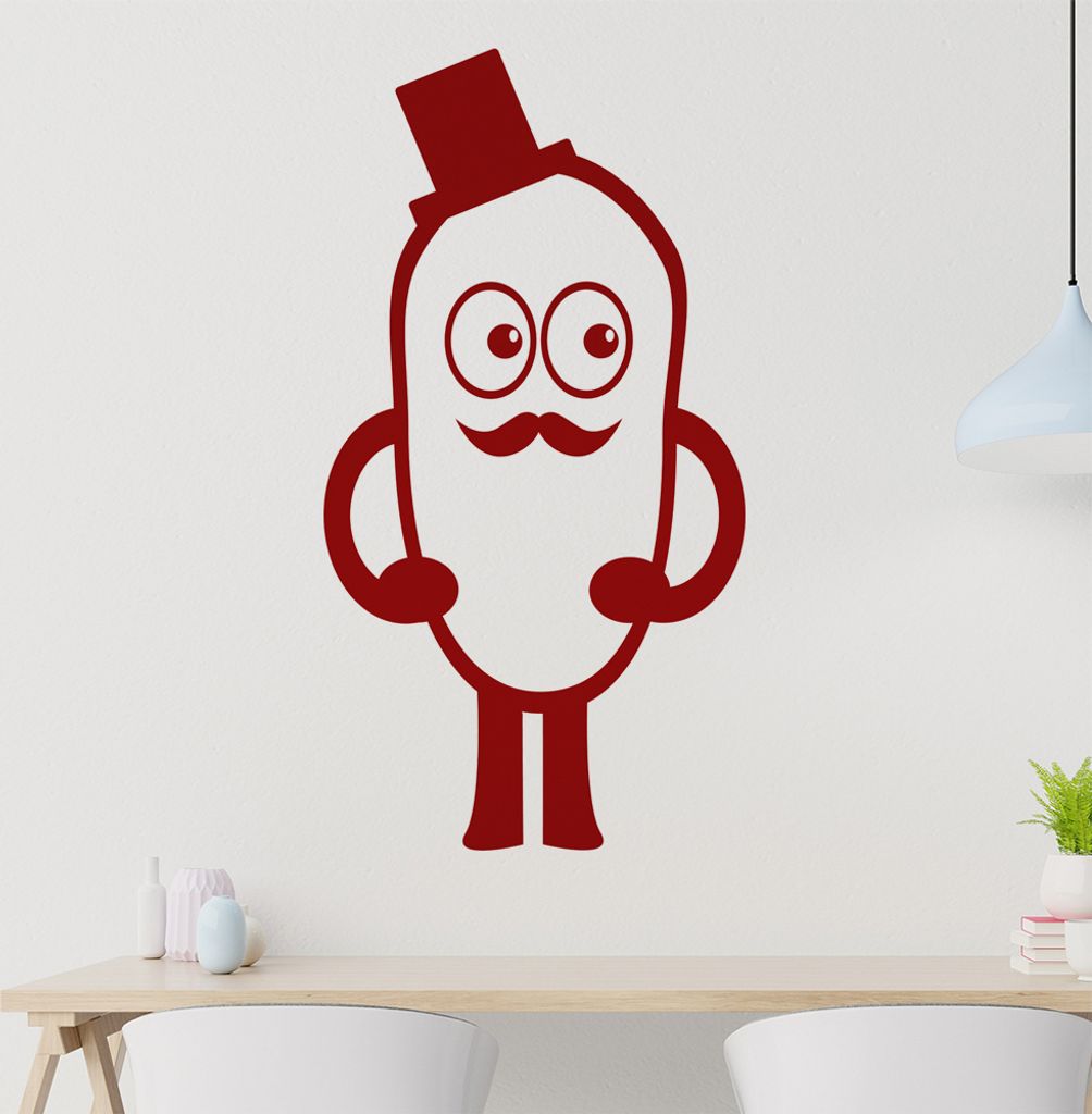 Bohne mit Hut und Schnurbart Wandtattoo in 6 Größen - Wandaufkleber Wall Sticker - Dekoration, Küche, Wohnzimmer, Schlafzimmer, Badezimmer