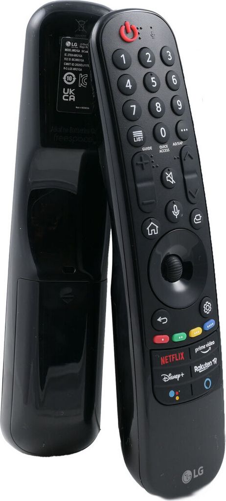 A black LG remote control is shown against a white background. The remote is angled, with the back of one remote visible behind the front of another.
