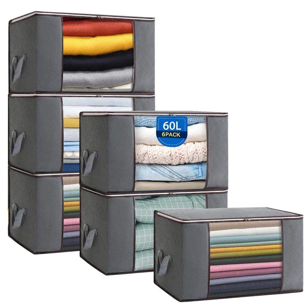 Bac de rangement anti-poussière pour vêtements, sac pliable 60L lot de 4
