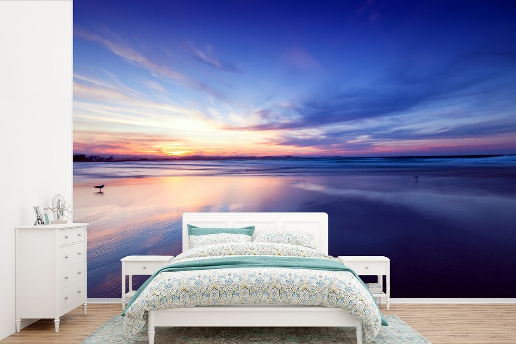 MuchoWow Fototapete für Wohnzimmer oder Schlafzimmer Wandtapete Vinyl Motivtapete Sonnenuntergang mit ruhigen Farben am Strand - 420x280 cm - Zi...