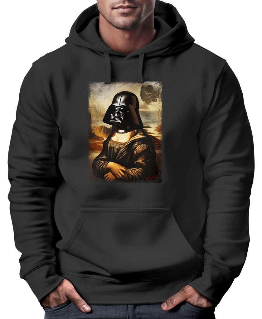 Hoodie Herren Print Aufdruck Mona Lisa Parodie Meme Kapuzen-Pullover Männer lustige Motive Moonworks Darth Lisa schwarz M