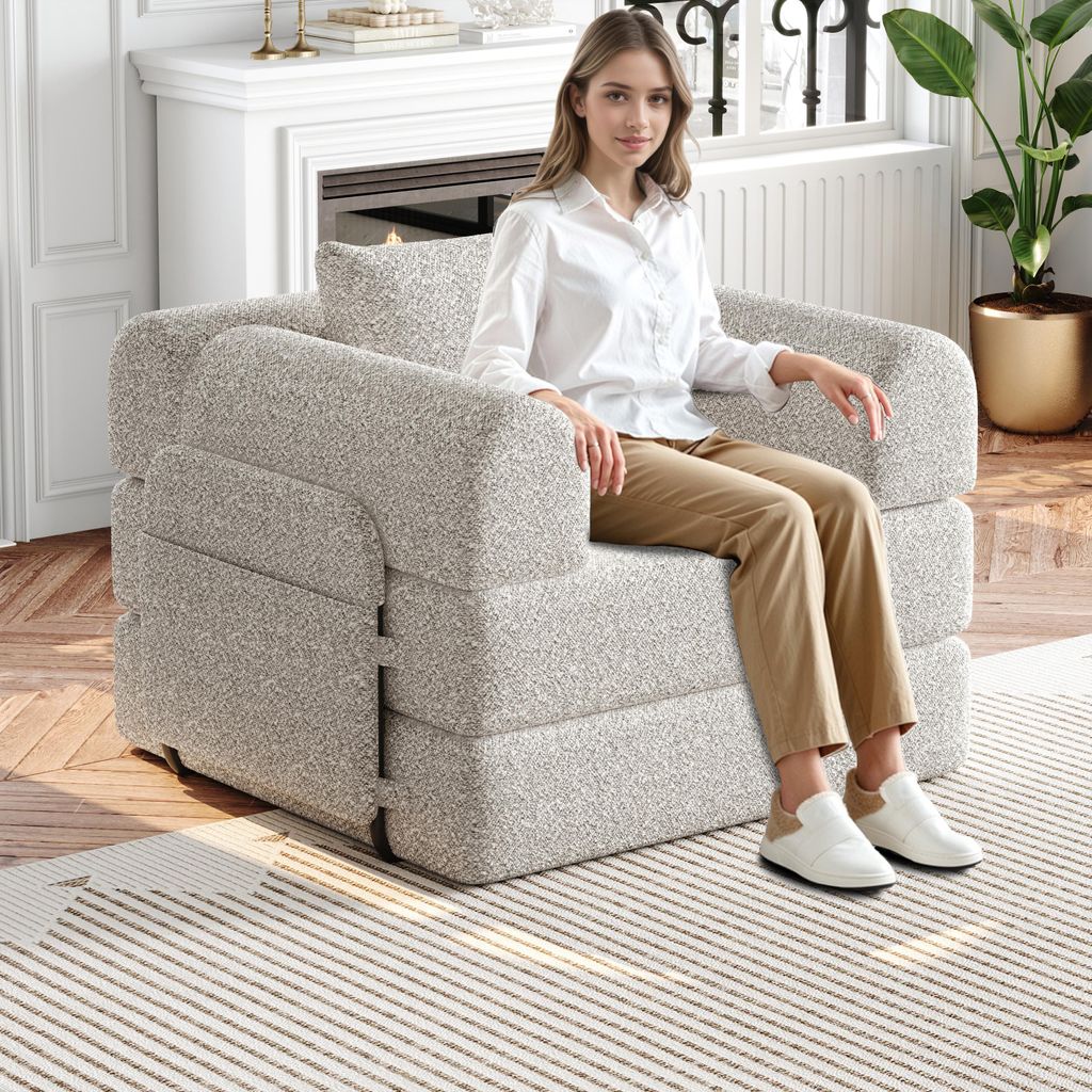 MODFU Chenille-Schlafsofa 2-in-1 Relaxsofa mit mit Staufach in der Armlehne,Polstermöbel Klappsofa mit drei Metallrahmen und mehreren Konfiguratio...