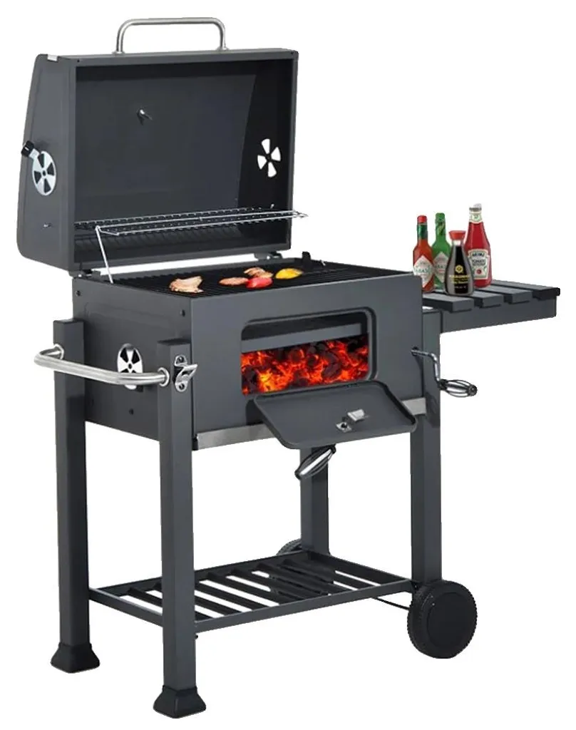 Barbecue au charbon avec thermomètre pour grillades en famille, noir