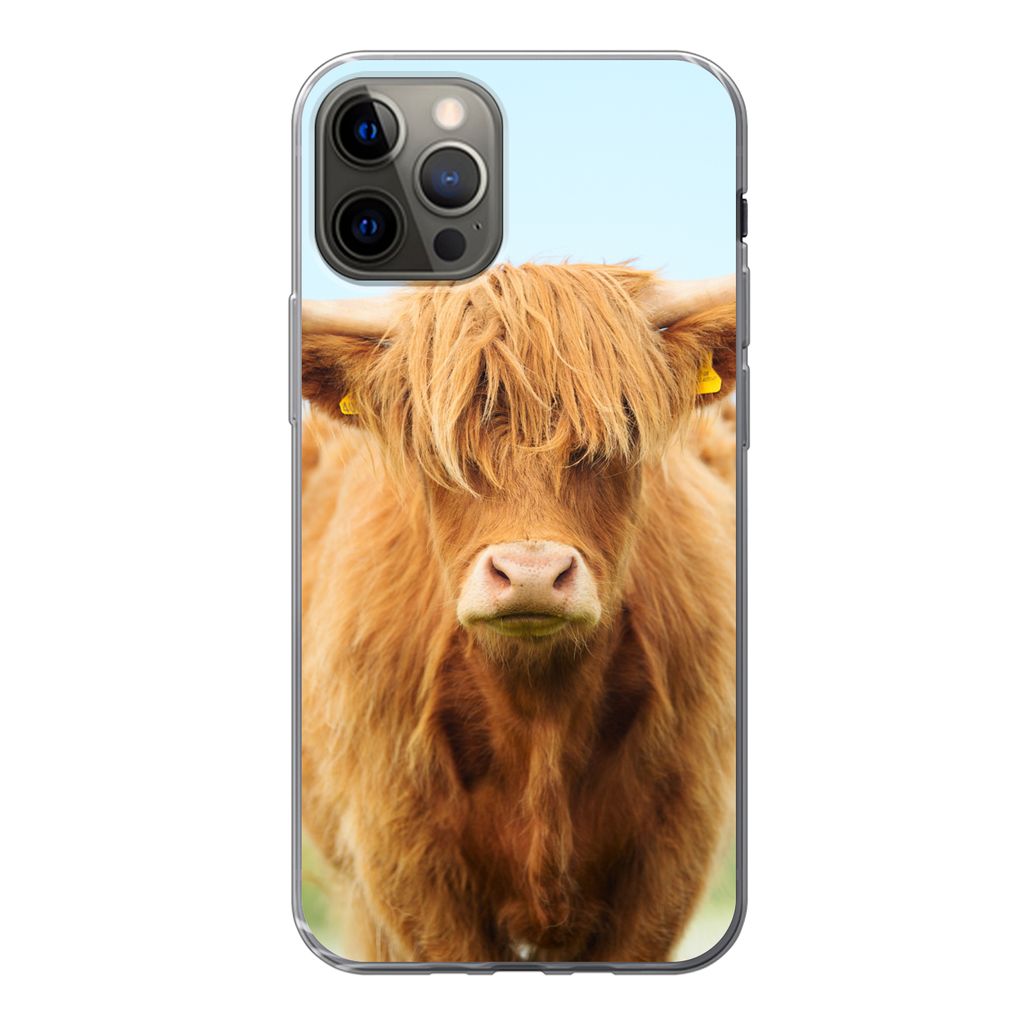 MuchoWow Handyhülle Schutzhülle Hülle für iPhone 12 Pro Schottischer Highlander - Haare - Gras Silikon Softcase Handy Hülle - Abdeckung