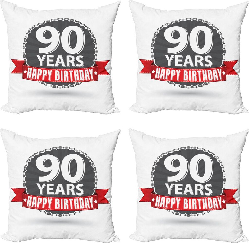 ABAKUHAUS 90. Geburtstag Kissenbezug Set (4 Stück), Geburtstag Red Ribbon, Moderner Doppelseitiger Digitaldruck, 45 cm x 45 cm, Rot, Grau, Weiß