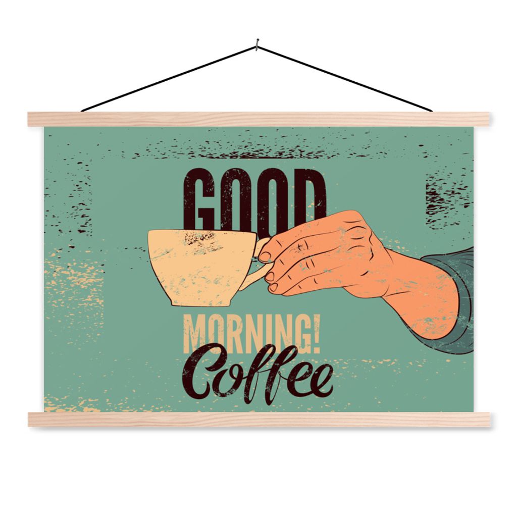 MuchoWow Textilposter Kaffee - Zitate - Retro - Guten Morgen! Kaffee - Zitate 60x40 cm mit holzfarbenen Rahmen - Bilder