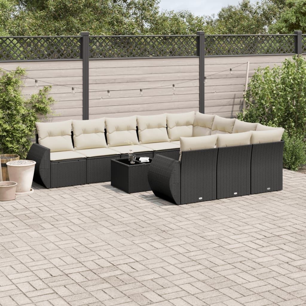 11-tlg. Garten-Sofagarnitur mit Kissen Schwarz Poly Rattan 3221895
