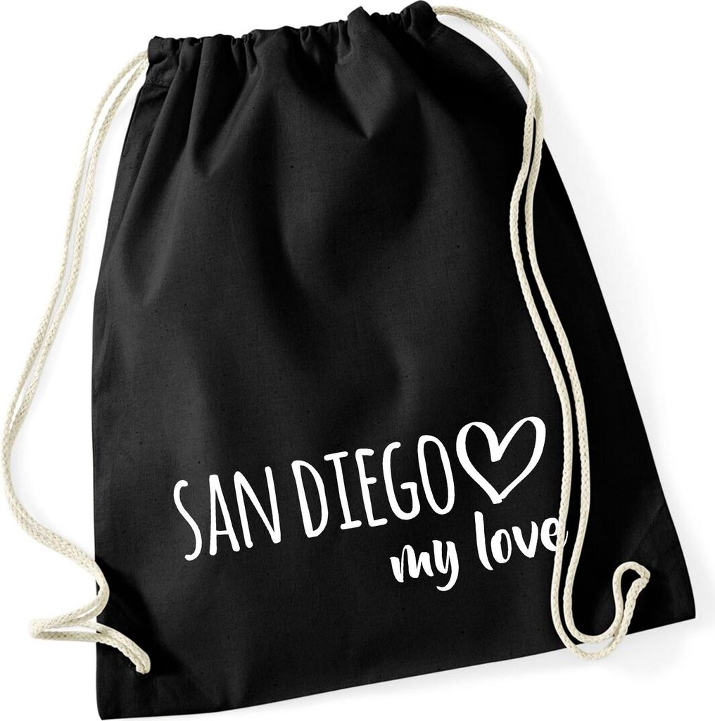 Huuraa Turnbeutel San Diego my love 12 Liter Black Baumwolle Rucksack Geschenkidee