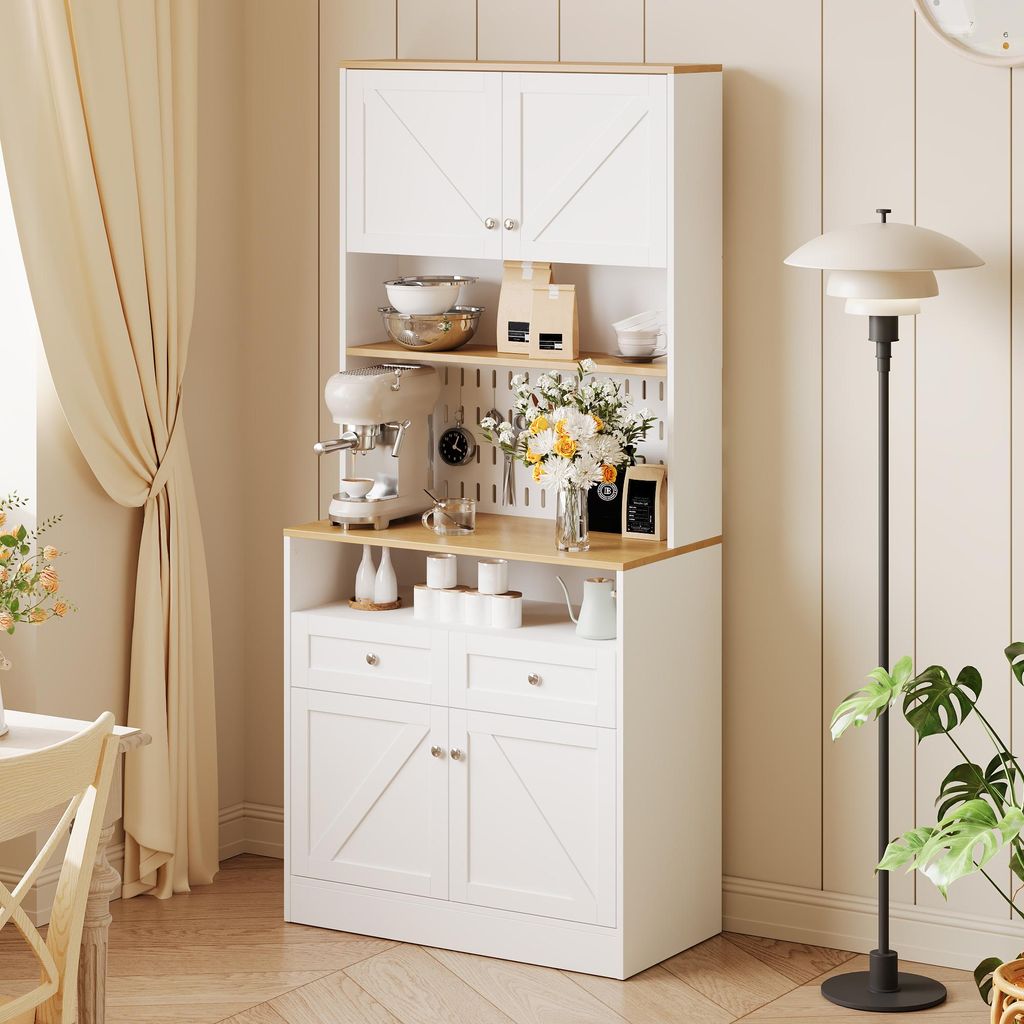 Merax Esszimmer Sideboard mit 2 Schubladen und 4 Türen, Kommode mit großer Stauraum, Buffet in Scheunentor-Design für Küche und Wohnzimmer, Weiß