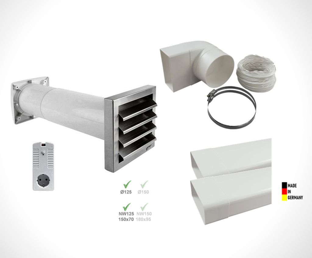 Abluftset AEROBOY Energiespar-Mauerkasten 125er System Edelstahlluftgitter Zwischenschaltersteuerung Dunstabzugshaubenzubehör