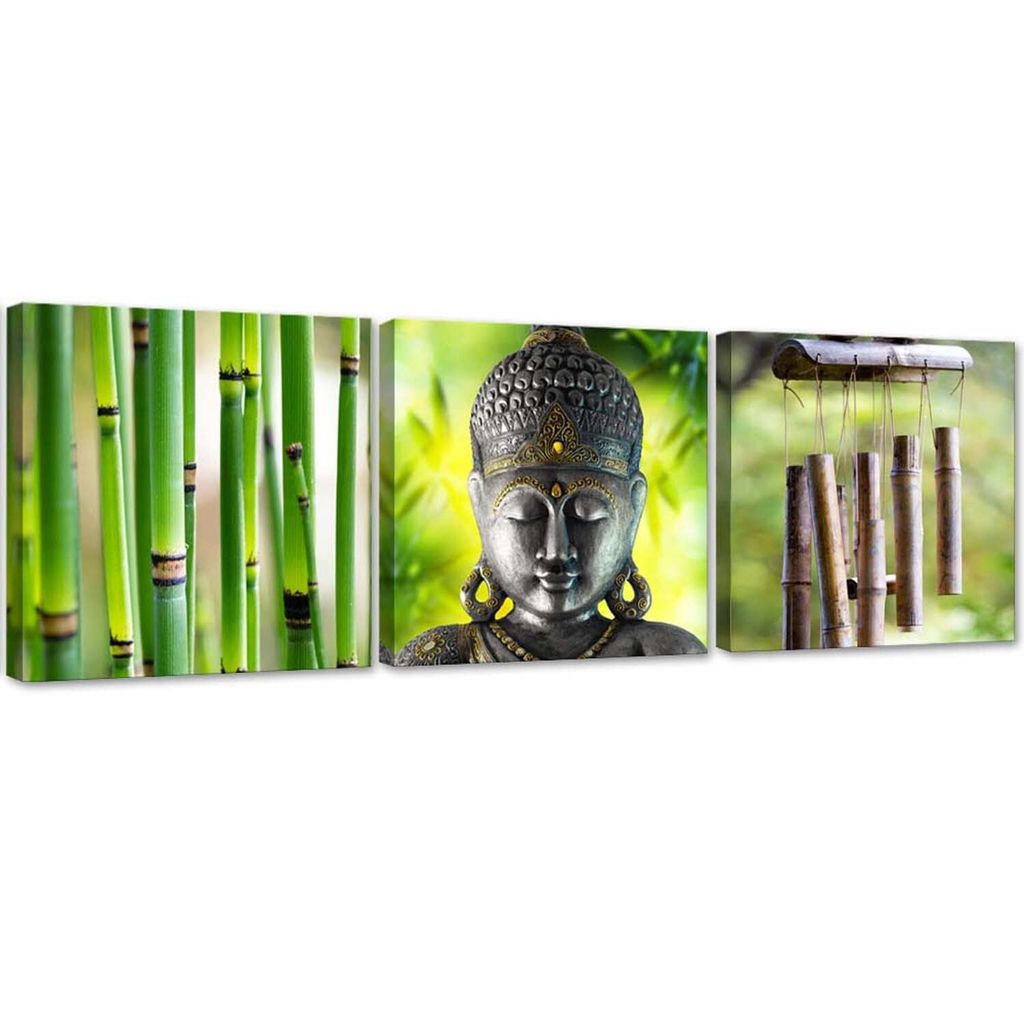 Set mit gemälden auf leinwand grüne zen-komposition mit buddha und bambus 120x40 cm Feeby grün wandbild bereit zum aufhängen