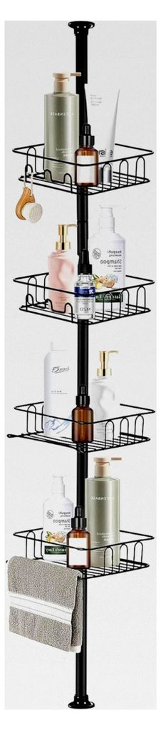 Teleskop Duschregal, Duschablage ohne Bohren, Metall Eckregal mit 4 Körben, Höhenverstellbar 73-302 cm, Duschablage für Badezimmer, Schwarz