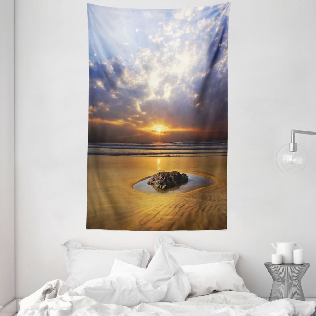 ABAKUHAUS Natur Wandteppich und Tagesdecke, Sunbeams Bewölkter Himmel Meer aus Weiches Mikrofaser Stoff Waschbar ohne Verblassen Digitaldruck, 140...