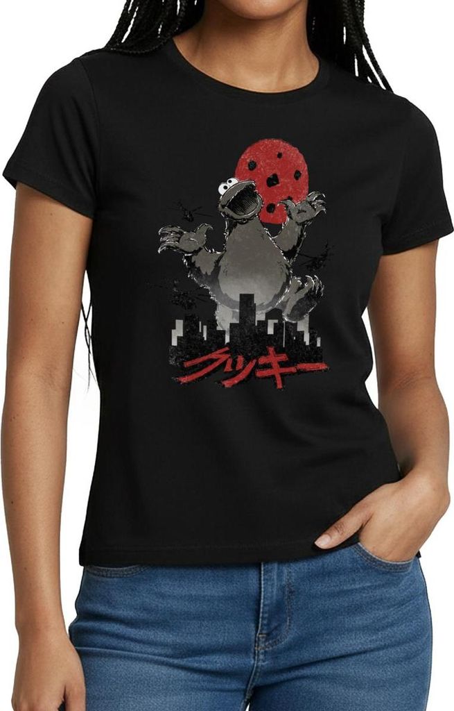 Spreadshirt Sesamstraße Krümelmonster Cookiezilla Frauen T-Shirt, L, Schwarz