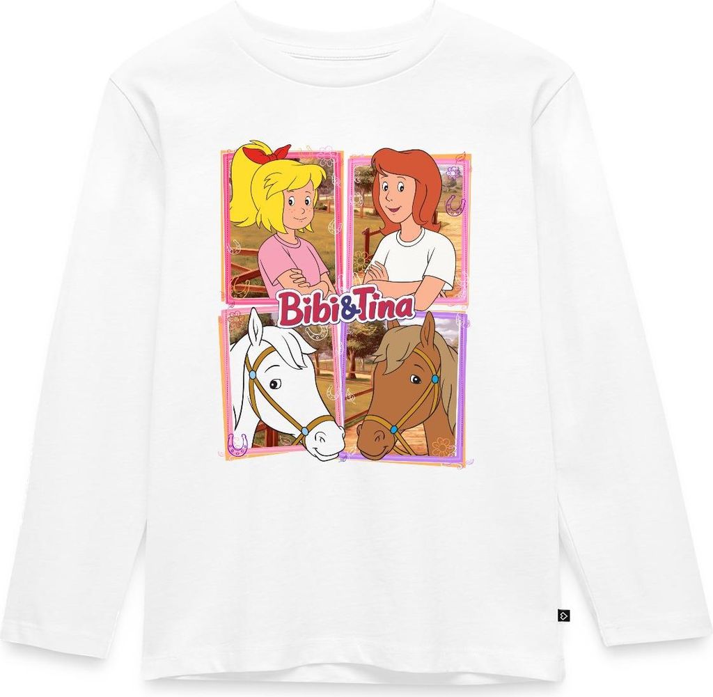 Spreadshirt Bibi Und Tina Mit Amadeus Und Sabrina Kachelmotiv Kinder Premium Langarmshirt, 110/116 (4 Jahre), Weiß