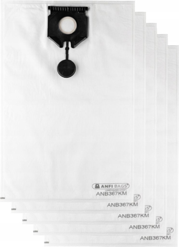 A stack of white vacuum cleaner bags with a black plastic fitting at the top of the foremost bag.