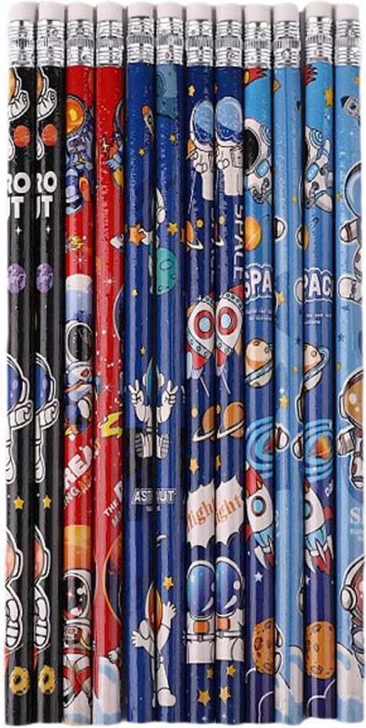 INF Astronauten Stifte 12er Pack - HB Mine, Holz, mit Radiergummi für Skizzen