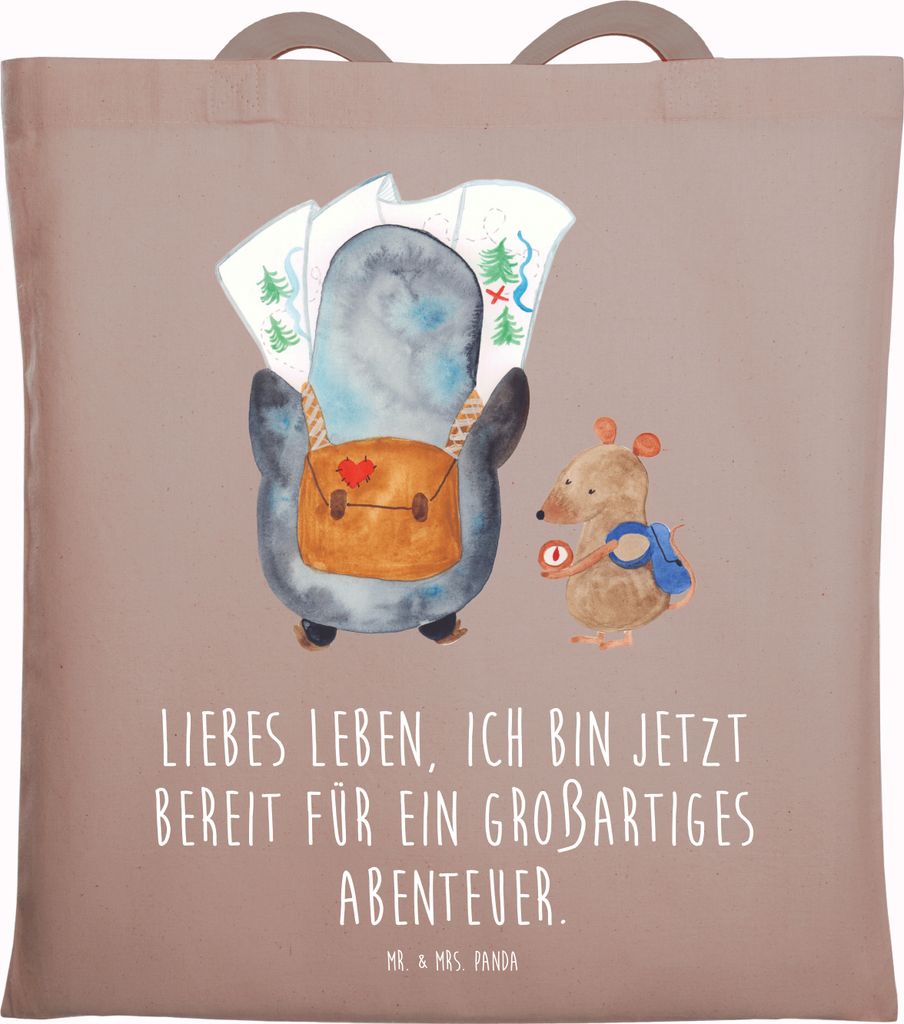 Mr. & Mrs. Panda Tote Bag Pinguin & Maus Wanderer - Braun Pastell - Geschenk, Wanderlust, Laptoptasche, Abenteuer, Wandern, Tasche, Jutebeutel, tot...