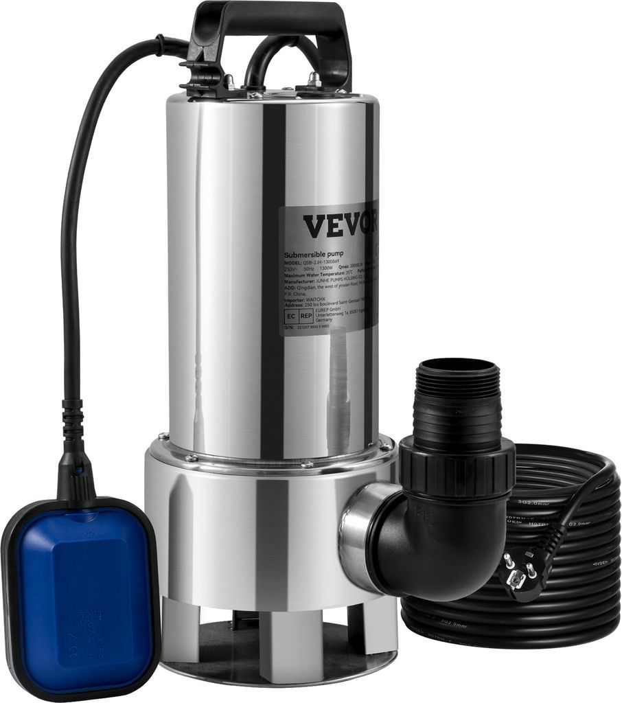 VEVOR Schmutzwasserpumpe 1300W Gartenpumpe 230V 20000L/h max. Hub 11m Ideal zum Pumpen von Wasser aus Schwimmbädern Kellern Teichen