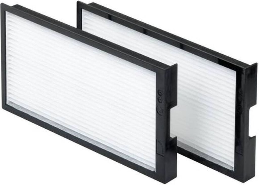 Two air filters are arranged diagonally on a white background.