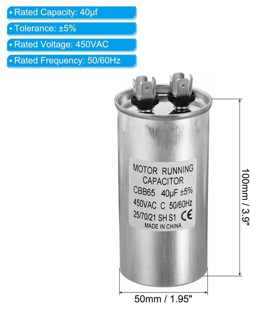 CBB65 Kondensator, 40ŠÌF 450V 50/60HZ Anlaufkondensator Motorkondensator Aluminiumgeh?use Arbeitskondensator fš¹r Klimager?t Waschmaschine Kš...
