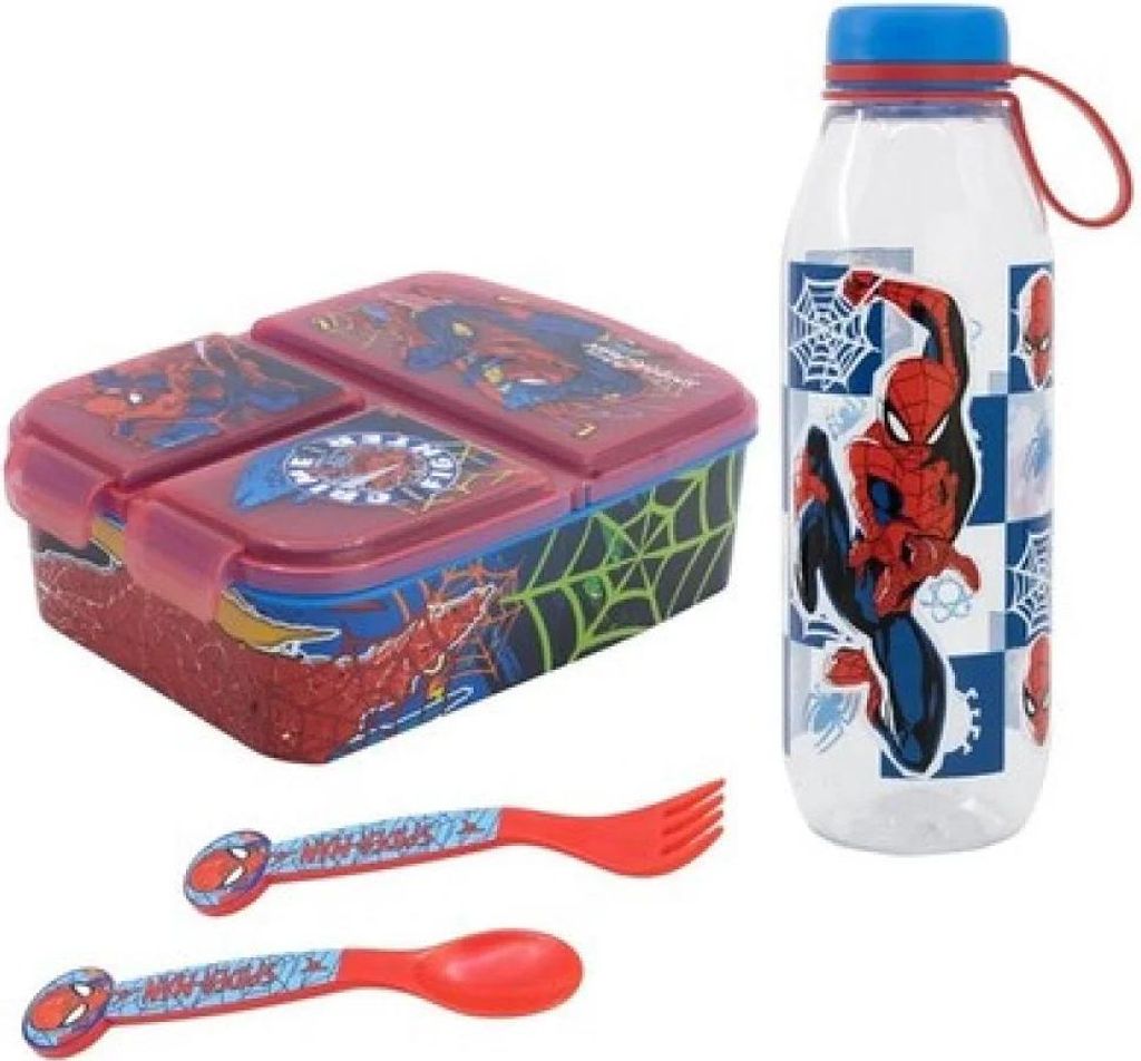 Marvel Spiderman 4 teiliges Kinder Set Brotdose Trinkflasche Besteck