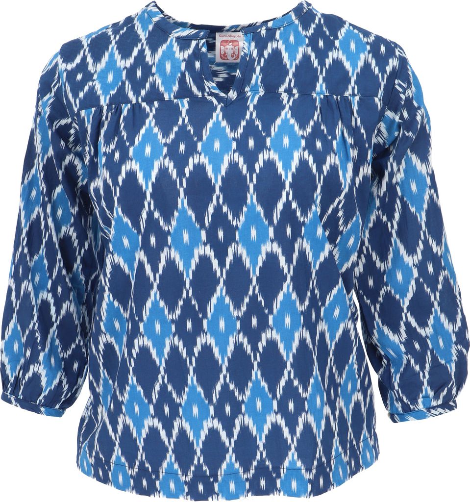 Leichte Baumwollbluse, Boho Schlupfbluse mit V-Ausschnitt - Indigo, Damen, Blau, Baumwolle, Größe: M