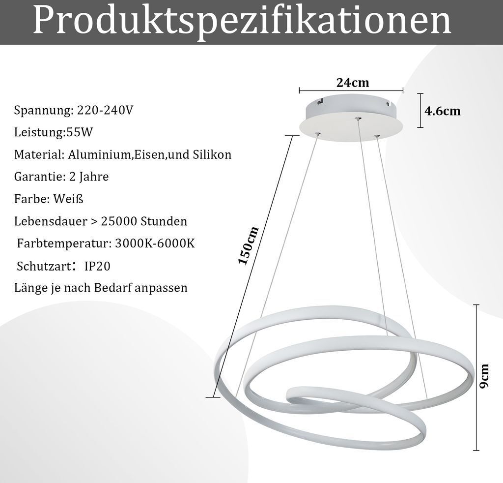 ZMH LED Pendelleuchte Esszimmer Weiß Dimmbar mit Produktbild 2